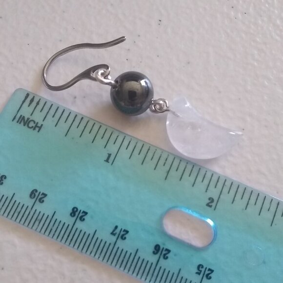 Emotional Balance: Handmade Quartz Moon & Hematite Dangle Earrings - Picture 8 of 9